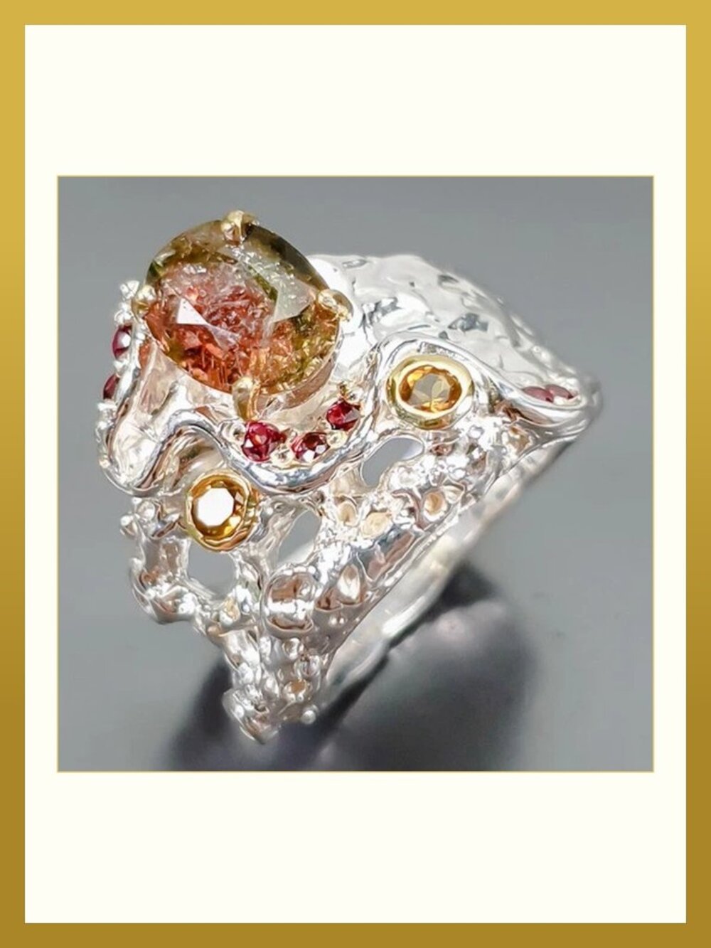 RING Watermelon Tourmaline with Rhodolite accents 925 Size 8